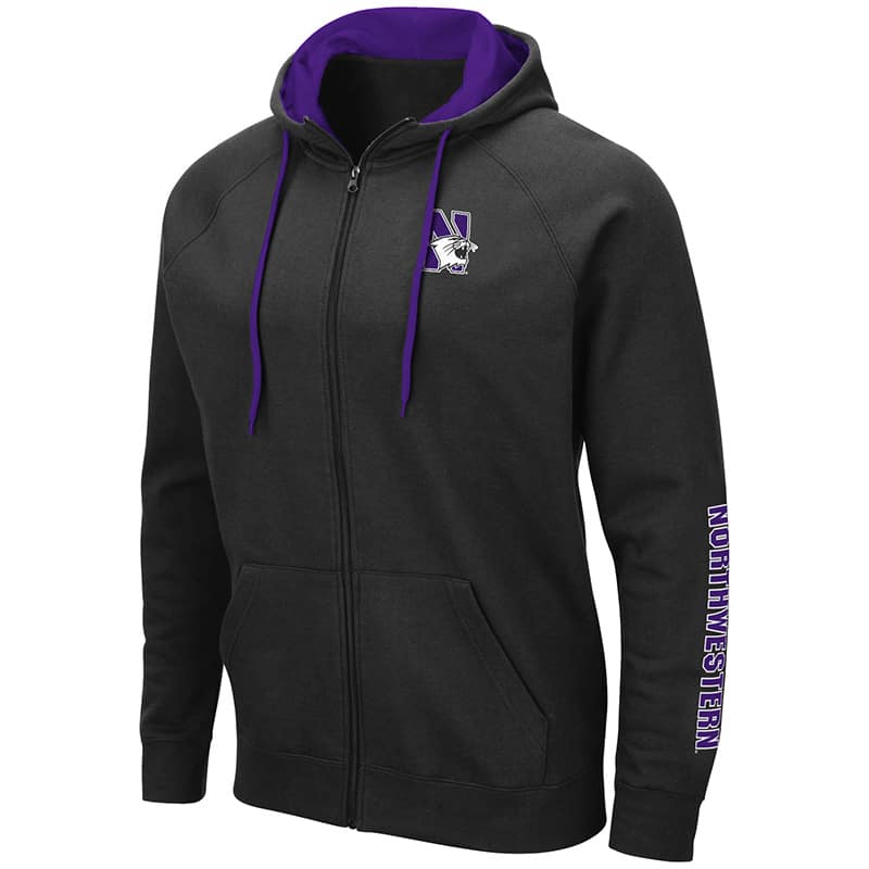 Northwestern University Wildcats Colosseum Black Zip-hood Sweatshirt With Left Chest Embroidered N-Cat Design