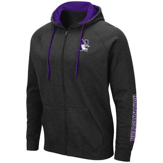 Northwestern University Wildcats Colosseum Black Zip-hood Sweatshirt With Left Chest Embroidered N-Cat Design