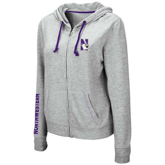 Northwestern University Wildcats Ladies Colosseum Supersoft Triblend Grey Zip-hood Sweatshirt With Left Chest Embroidered N-Cat Design