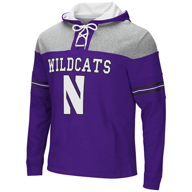 Northwestern University Wildcats Colosseum Purple/Heather Grey Men's Ice Hockey Pullover Hooded Sweatshirt with Stylized N Design