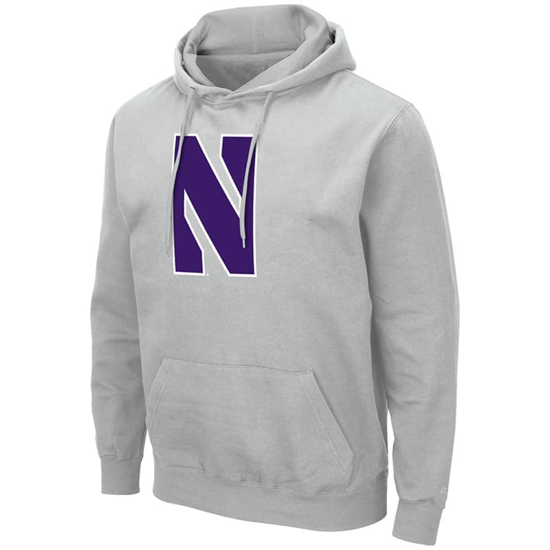 Northwestern University Wildcats Colosseum Men's Silver Hooded Sweatshirt With Appliqué Embroidered Stylized N Design