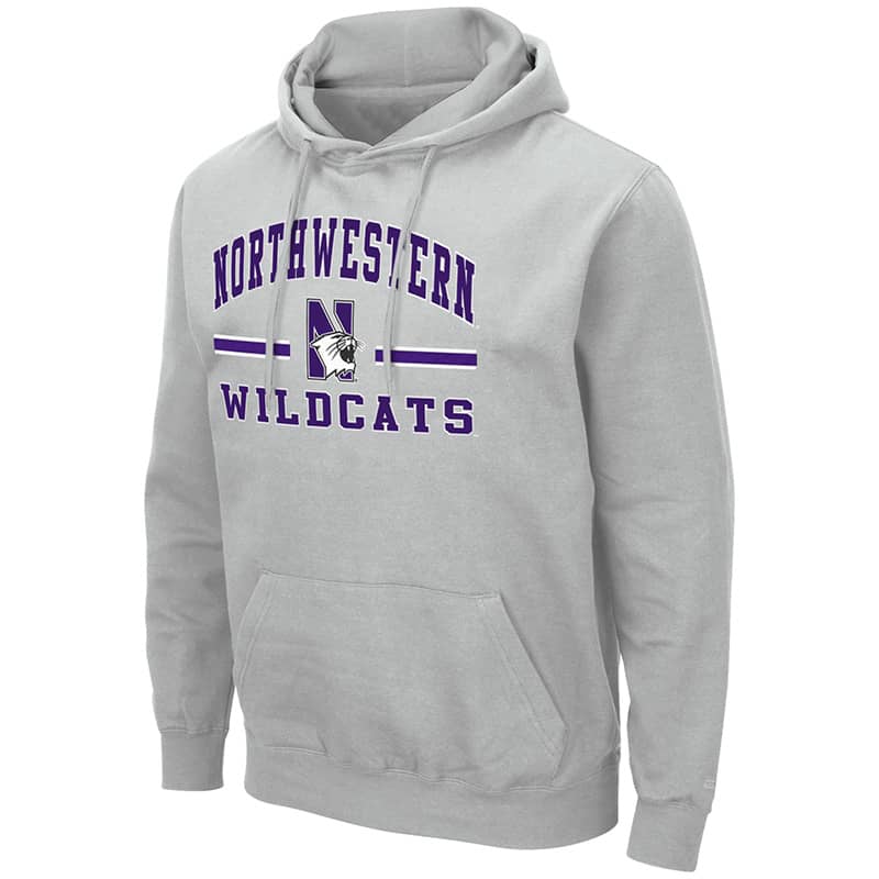 Northwestern University Wildcats Colosseum Men's Silver Hooded Sweatshirt With Appliqué Embroidered Northwestern Over N-Cat Bar Design