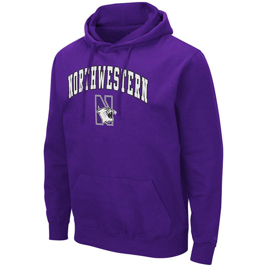 Northwestern University Wildcats Colosseum Men's Purple Hooded Sweatshirt With Appliqué Embroidered Arched Northwestern Over N-Cat Design