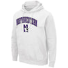 Northwestern University Wildcats Colosseum Men's White Hooded Sweatshirt With Appliqué Embroidered Arched Northwestern Over N-Cat Design