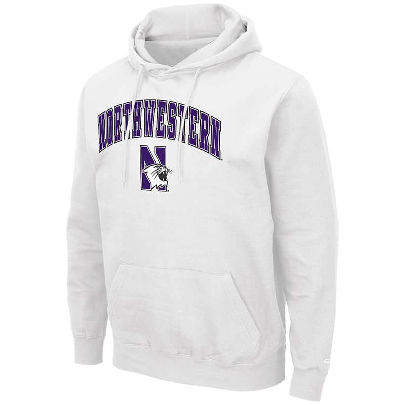 Northwestern University Wildcats Colosseum Men's White Hooded Sweatshirt With Appliqué Embroidered Arched Northwestern Over N-Cat Design