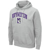 Northwestern University Wildcats Colosseum Men's Silver Hooded Sweatshirt With Appliqué Embroidered Arched Northwestern Over N-Cat Design