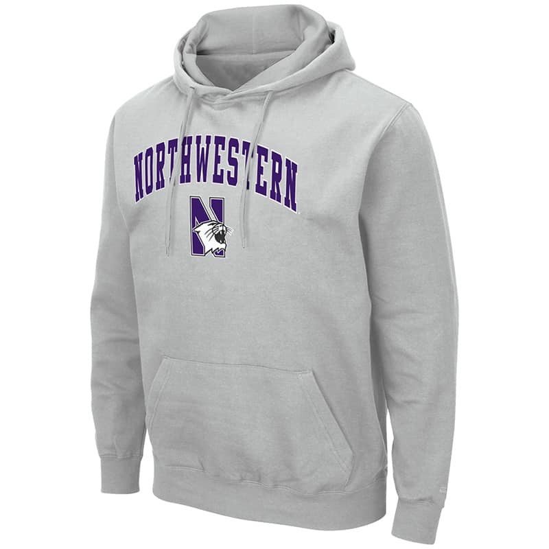 Northwestern University Wildcats Colosseum Men's Silver Hooded Sweatshirt With Appliqué Embroidered Arched Northwestern Over N-Cat Design