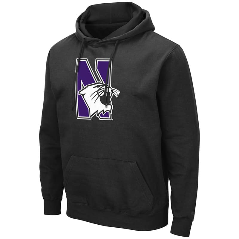 Northwestern University Wildcats Colosseum Men's Black Hooded Sweatshirt With Appliqué Embroidered N-cat Design