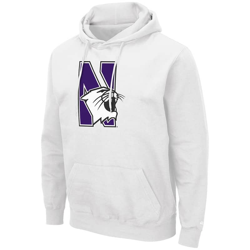 Northwestern University Wildcats Colosseum Men's White Hooded Sweatshirt With Appliqué Embroidered N-Cat Design