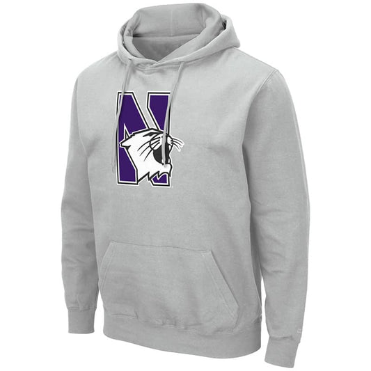 Northwestern University Wildcats Colosseum Men's Silver Hooded Sweatshirt With Appliqué Embroidered N-Cat Design