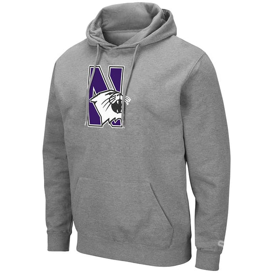 Northwestern University Wildcats Colosseum Men's Heather Grey Hooded Sweatshirt With Appliqué Embroidered N-Cat Design