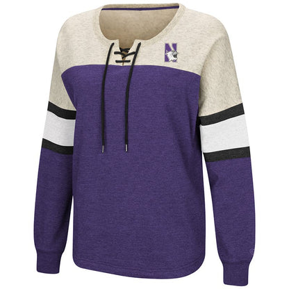 Northwestern University Wildcats Colosseum Ladies Purple/Heather Grey Become Great Oversized Lace Up P/O with N-Cat Design