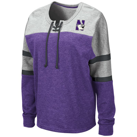 Northwestern University Wildcats Colosseum Ladies Manolo Lace Up Pullover Sweatshirt with N-Cat Design