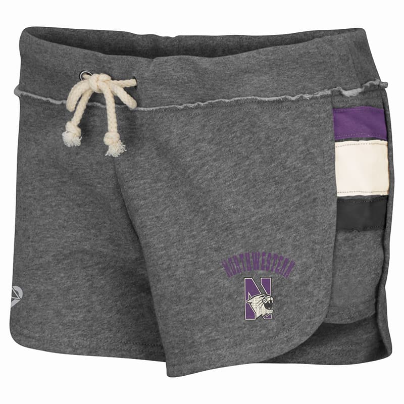 Northwestern University Wildcats Colosseum Ladies Heather Grey Wanna Quit The Gym Fleece Shorts with N-Cat Design