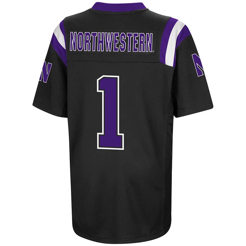 Northwestern University Wildcats Colosseum Youth Black Foos-Ball Football Jersey with Stylized N Design-Back
