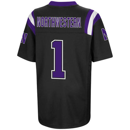Northwestern University Wildcats Colosseum Youth Black Foos-Ball Football Jersey with Stylized N Design-Back