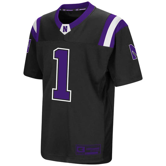 Northwestern University Wildcats Colosseum Youth Black Foos-Ball Football Jersey with Stylized N Design