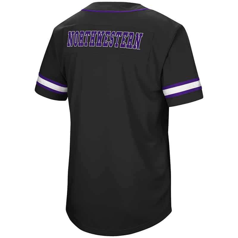 Northwestern University Wildcats Colosseum Men's Black Playball Baseball Jersey with Stylized N Design-Back