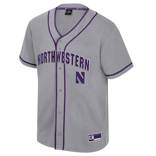 Northwestern University Wildcats Colosseum Men's Detonation Grey Baseball Jersey -front