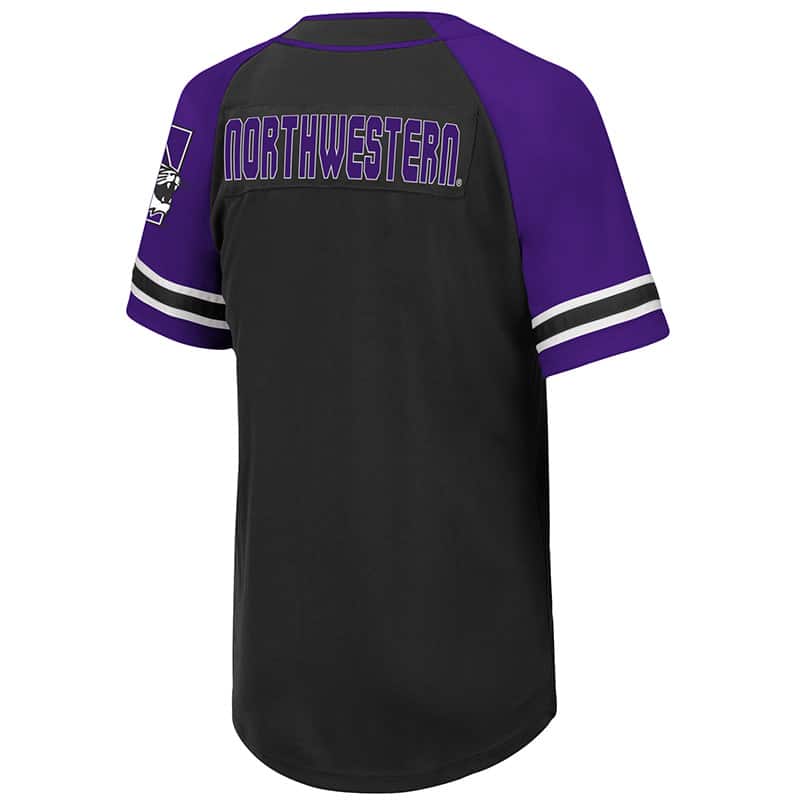 Northwestern University Wildcats Colosseum Youth Purple/Black Wallis Baseball Jersey with N-Cat Design-Back