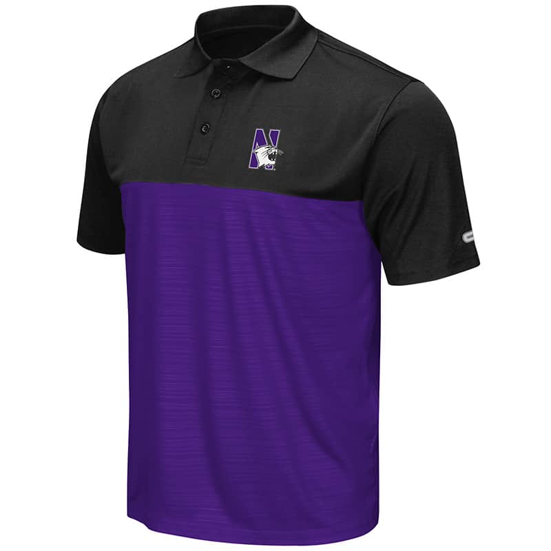 Northwestern University Wildcats Colosseum Mens Purple/Black In The Vault Polo Shirt with N-Cat Design