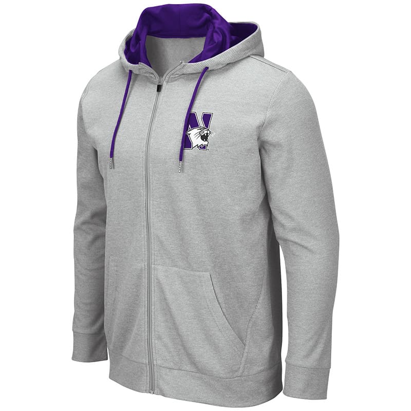 Northwestern University Wildcats Colosseum Men's Homer Full Zip-Hood Sweatshirt With Left Chest Embroidered N-cat Design