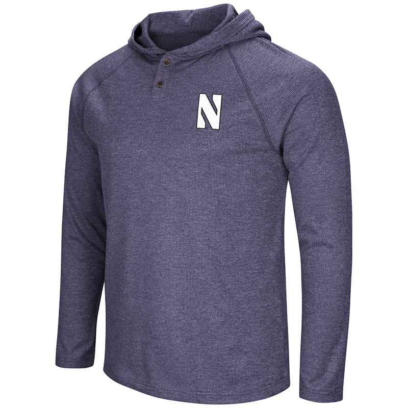 Northwestern University Wildcats Colosseum Men's Purple Porblackhe Hooded Henley L/S T-Shirt with Stylized N Design