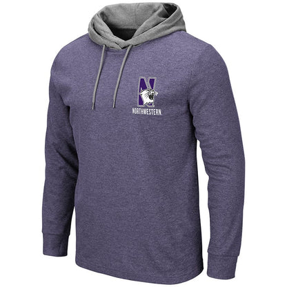 Northwestern University Wildcats Colosseum Men's Milhouse L/S Hooded Tee With Appliqué Embroidered N-Cat Design
