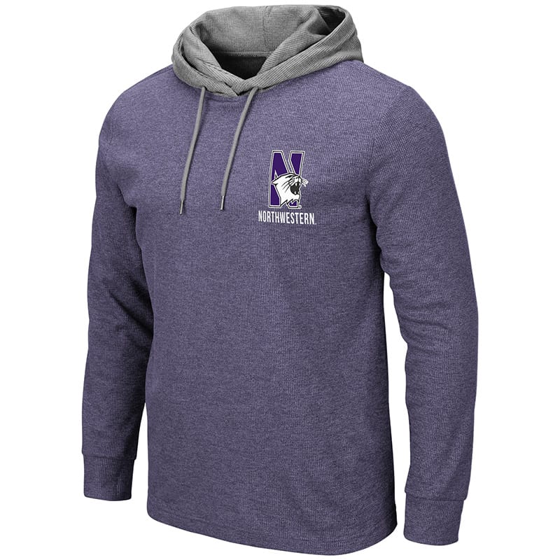 Northwestern University Wildcats Colosseum Men's Milhouse L/S Hooded Tee With Appliqué Embroidered N-Cat Design