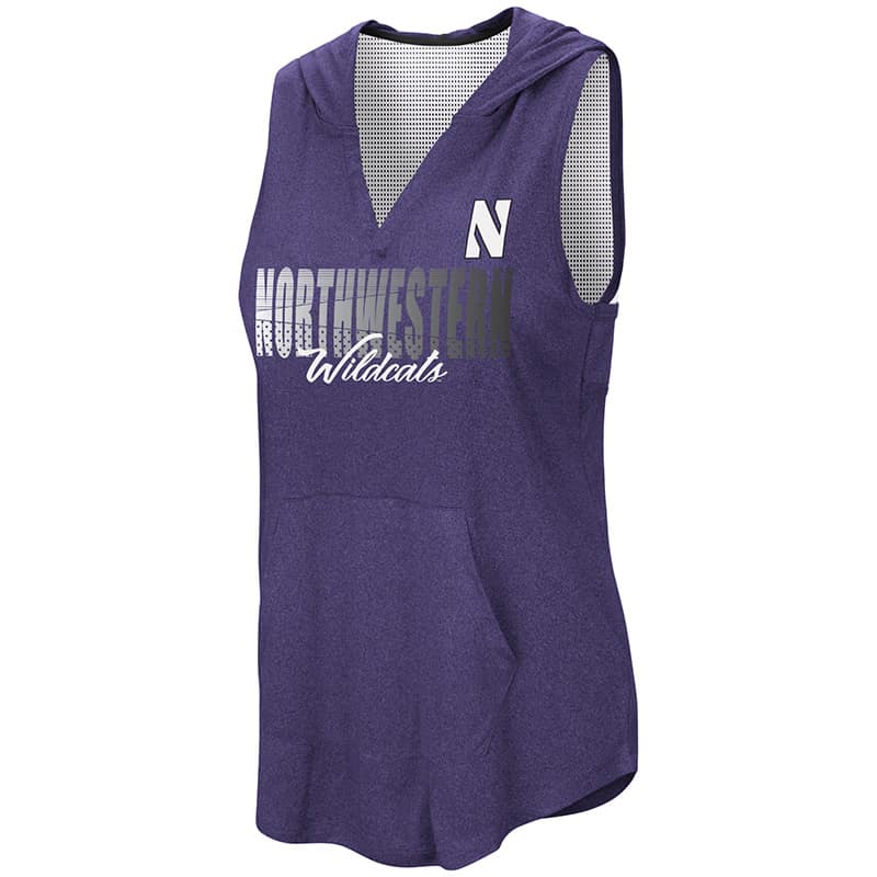 Northwestern University Wildcats Colosseum Ladies Heather Purple / White Rockford Peach Sleeveless Hoodie with Stylized N Design