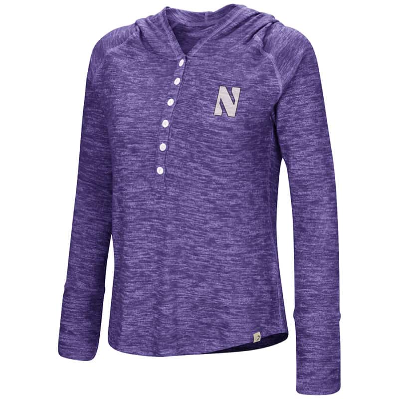 Northwestern University Wildcats Colosseum Ladies Purple You Complete Me Henley Hoodie with Stylized N Design