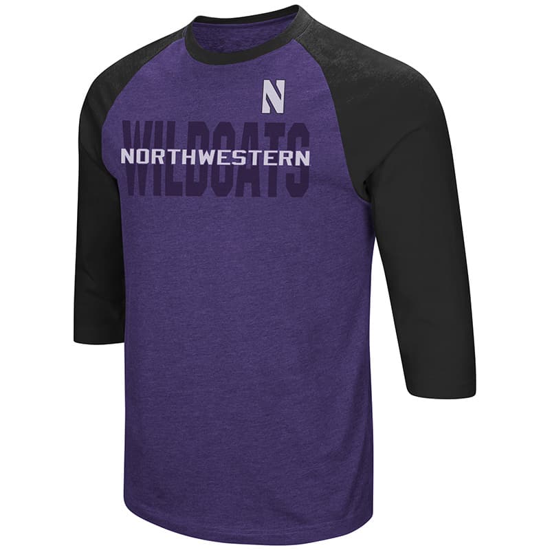Northwestern University Wildcats Colosseum Men's Purple / Black Steal Home 3/4 Sleeve T-Shirt with Stylized N Design