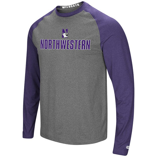 Northwestern University Wildcats Colosseum Men's Heather Charcoal/Heather Purple Social Skills L/S Raglan T-Shirt with N-Cat Design