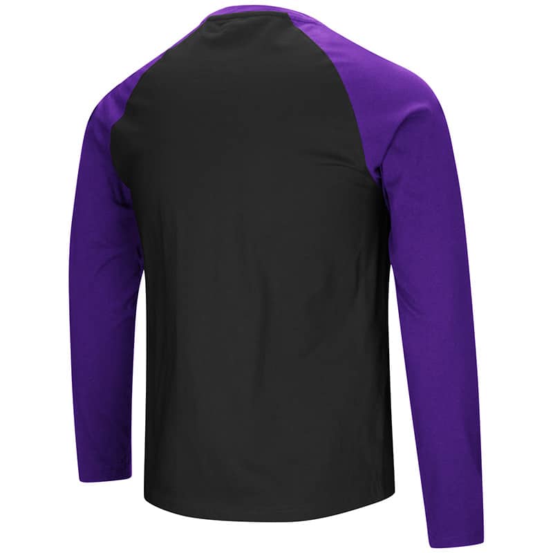 Northwestern University Wildcats Colosseum Men's Black/Purple Cajun L/S Raglan T-Shirt with N-Cat Design-Back