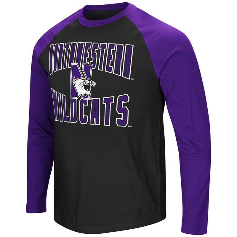 Northwestern University Wildcats Colosseum Men's Black/Purple Cajun L/S Raglan T-Shirt with N-Cat Design
