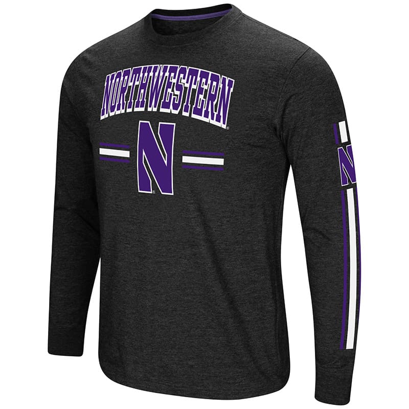 Northwestern University Wildcats Colosseum Men's Black Heather Touchdown Pass L/S T-Shirt with Stylized N Design