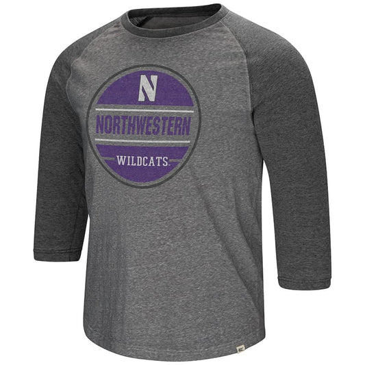 Northwestern University Wildcats Colosseum Men's Heather Grey/Hb Riding Lawn Mower 3/4 Raglan T-Shirt with Stylized N Design
