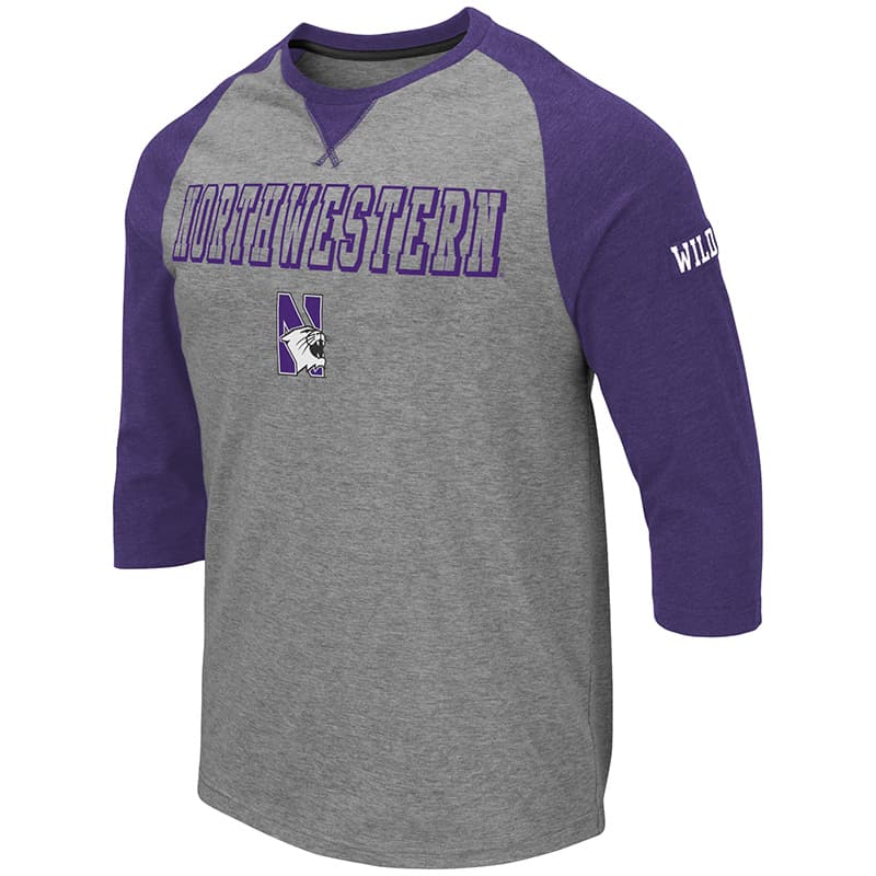Northwestern University Wildcats Colosseum Men's Heather Grey/Purple Soledad 3/4 Sleeve T-Shirt with N-Cat Design