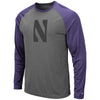 Northwestern University Wildcats Colosseum Men's Heather Grey/Purple Rad Tad Raglan L/S T-Shirt with Stylized N Design