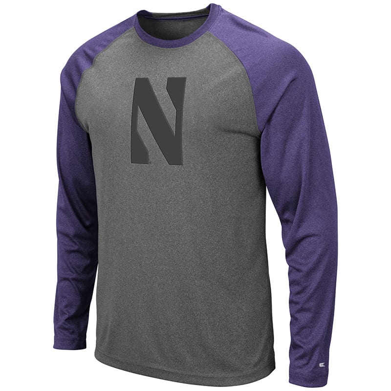 Northwestern University Wildcats Colosseum Men's Heather Grey/Purple Rad Tad Raglan L/S T-Shirt with Stylized N Design