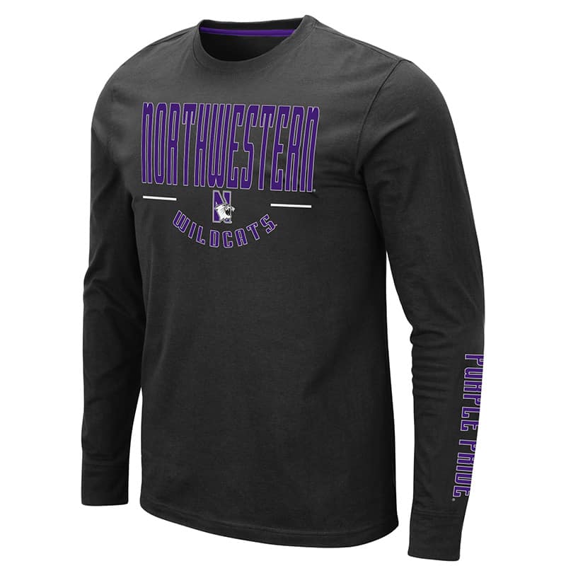 Northwestern University Wildcats Colosseum Men's Black Streepurplear L/S T-Shirt with Northwestern & N-Cat Design