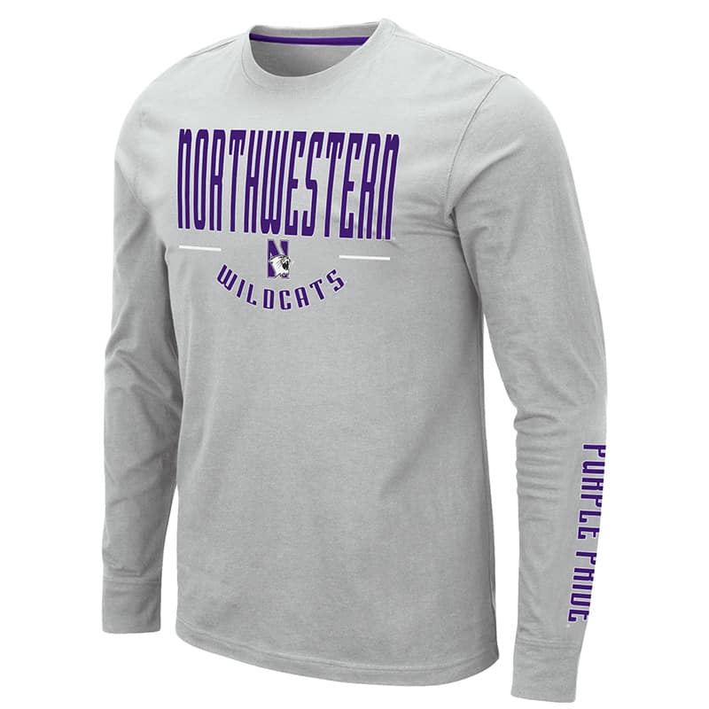 Northwestern University Wildcats Colosseum Men's Silver Streepurplear L/S T-Shirt with Northwestern & N-Cat Design