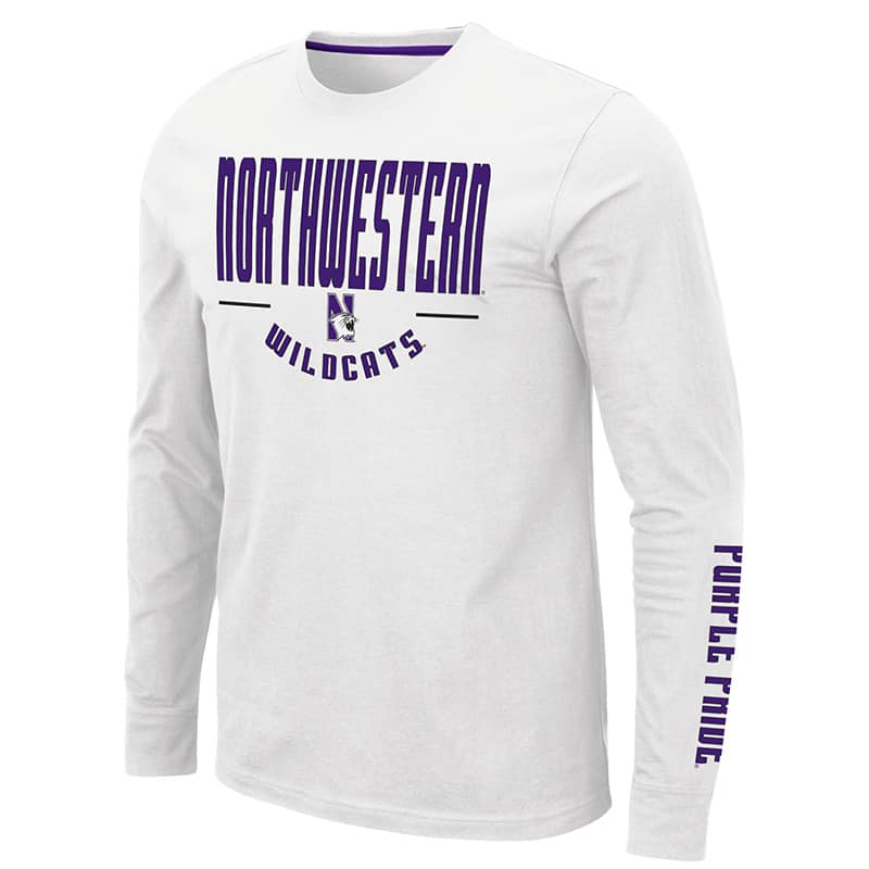 Northwestern University Wildcats Colosseum Men's White Streepurplear L/S T-Shirt with Northwestern & N-Cat Design