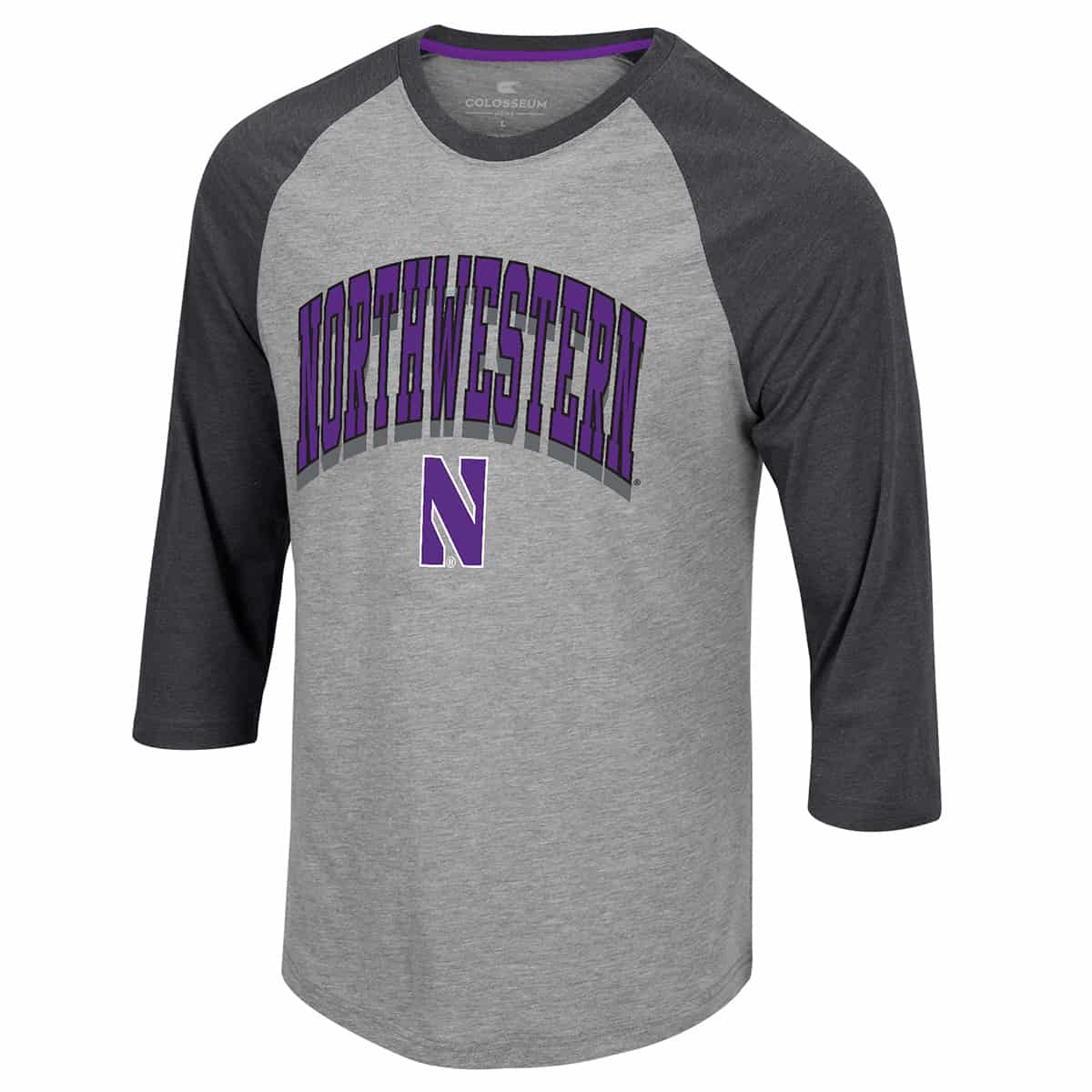 Northwestern University Wildcats Colosseum Men's Heather Grey Gambini 3/4 Sleeve Raglan Tee