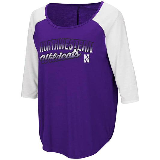 Northwestern University Wildcats Colosseum Ladies Purple/White Draw A Crowd Baseball T-Shirt with Stylized N Design