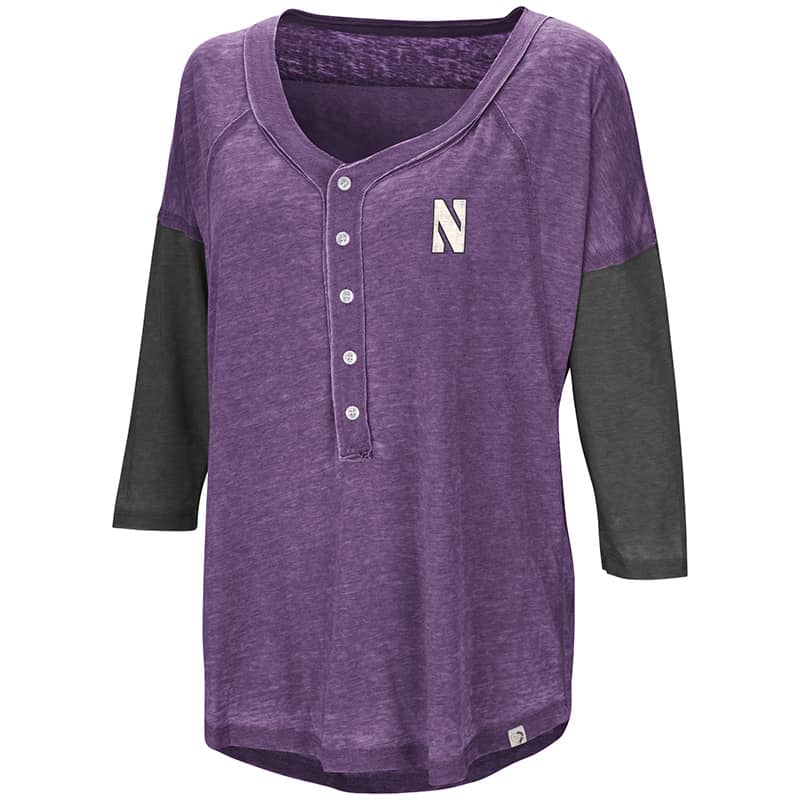 Northwestern University Wildcats Colosseum Ladies Purple / Black Major League Baseball Henley with Stylized N Design