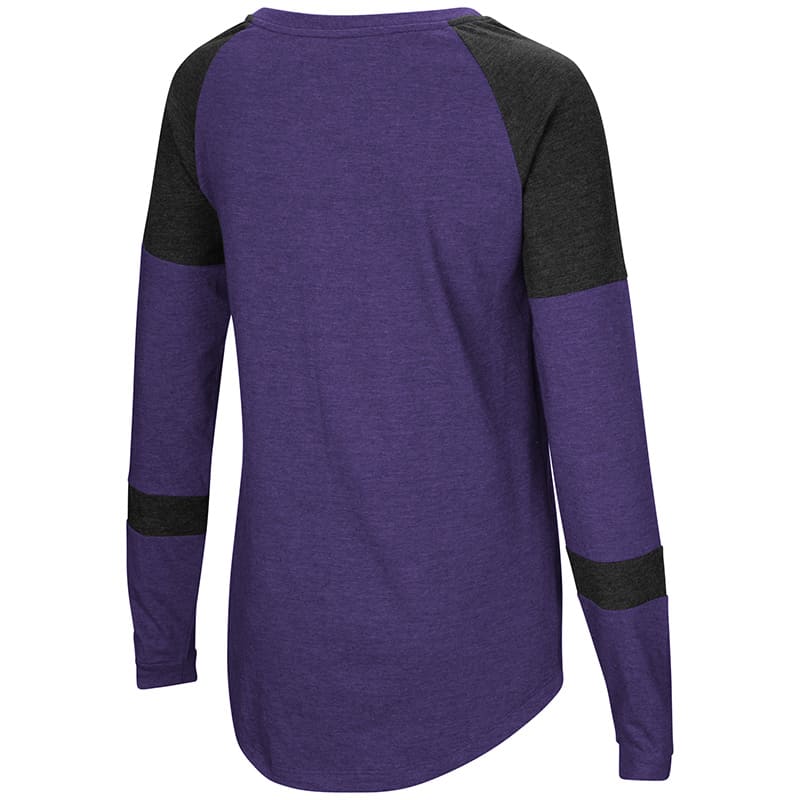 Northwestern University Wildcats Colosseum Ladies Black/Purple Dorothy L/S Raglan T-Shirt with N-Cat Design-Back