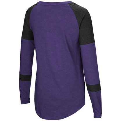 Northwestern University Wildcats Colosseum Ladies Black/Purple Dorothy L/S Raglan T-Shirt with N-Cat Design-Back