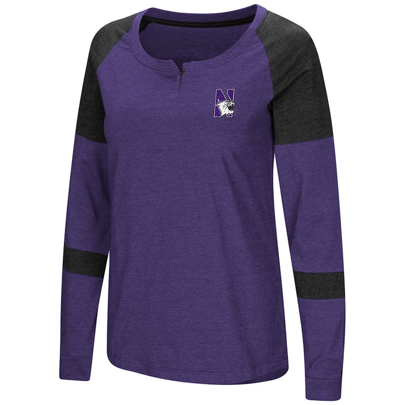 Northwestern University Wildcats Colosseum Ladies Black/Purple Dorothy L/S Raglan T-Shirt with N-Cat Design