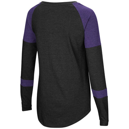Northwestern University Wildcats Colosseum Ladies Black/Purple Dorothy L/S Raglan T-Shirt with N-Cat Design-Back